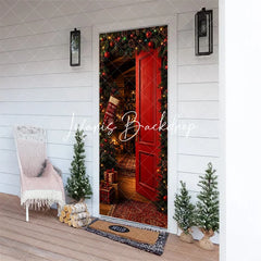 Lofaris Warm and Inviting Red Christmas Door Cover with Festive Garland Pinecones Cozy Holiday Interior Scene