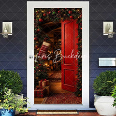 Lofaris Warm and Inviting Red Christmas Door Cover with Festive Garland Pinecones Cozy Holiday Interior Scene