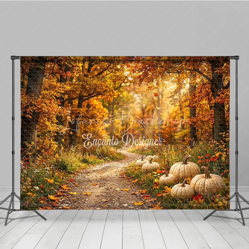 Lofaris Warm Autumn Forest Photography Backdrop with Golden Light and Pumpkins Fall Harvest Scenic Decor