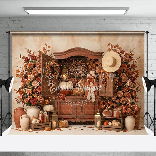 Lofaris Warm Autumn Harvest Photography Backdrop with Rustic Cabinet Pumpkins and Fall Leaves Decor for Thanksgiving