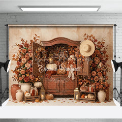 Lofaris Warm Autumn Harvest Photography Backdrop with Rustic Cabinet Pumpkins and Fall Leaves Decor for Thanksgiving