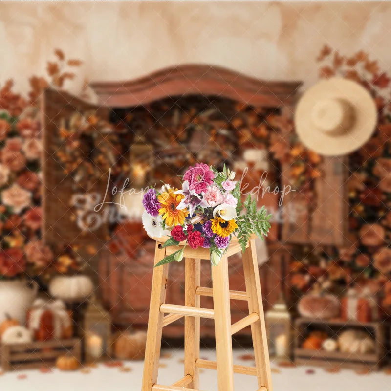 Lofaris Warm Autumn Harvest Photography Backdrop with Rustic Cabinet Pumpkins and Fall Leaves Decor for Thanksgiving