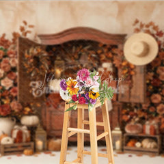Lofaris Warm Autumn Harvest Photography Backdrop with Rustic Cabinet Pumpkins and Fall Leaves Decor for Thanksgiving