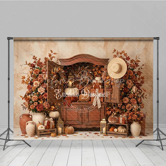 Lofaris Warm Autumn Harvest Photography Backdrop with Rustic Cabinet Pumpkins and Fall Leaves Decor for Thanksgiving