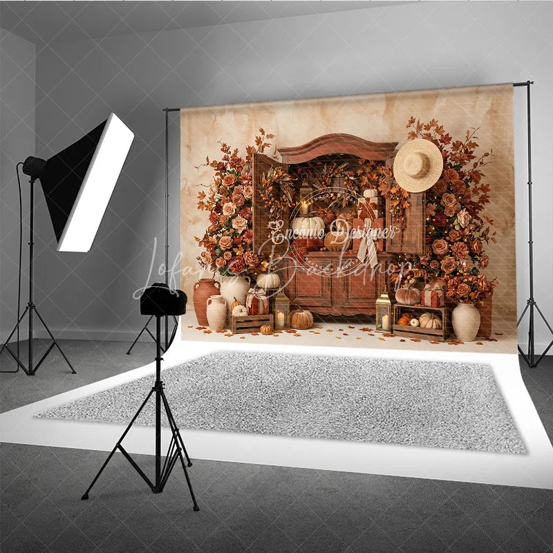 Lofaris Warm Autumn Harvest Photography Backdrop with Rustic Cabinet Pumpkins and Fall Leaves Decor for Thanksgiving