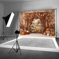 Lofaris Warm Autumn Harvest Photography Backdrop with Rustic Farmhouse Scene Elegant Velvet Curtains and Fall Floral Decor