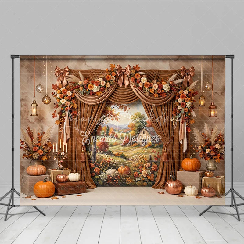 Lofaris Warm Autumn Harvest Photography Backdrop with Rustic Farmhouse Scene Elegant Velvet Curtains and Fall Floral Decor