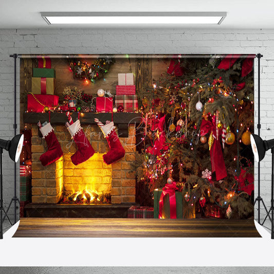 Lofaris Warm Cabin Brick Fireplace Christmas Tree Backdrop