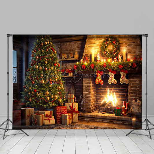 Lofaris Warm Candlelit Brick Fireplace Christmas Backdrop