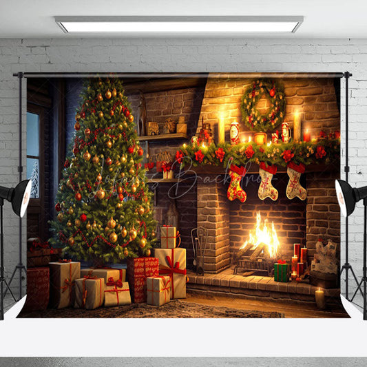 Lofaris Warm Candlelit Brick Fireplace Christmas Backdrop