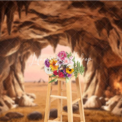 Lofaris Warm Earthy African Savanna Cave Entrance Photography Backdrop with Baobab Tree and Wildlife Sunset View