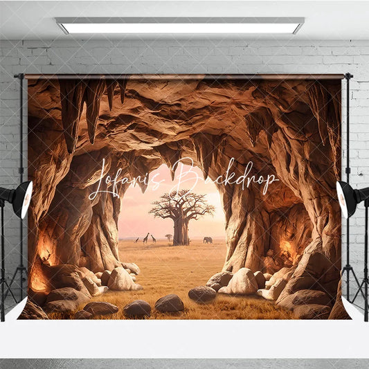 Lofaris Warm Earthy African Savanna Cave Entrance Photography Backdrop with Baobab Tree and Wildlife Sunset View