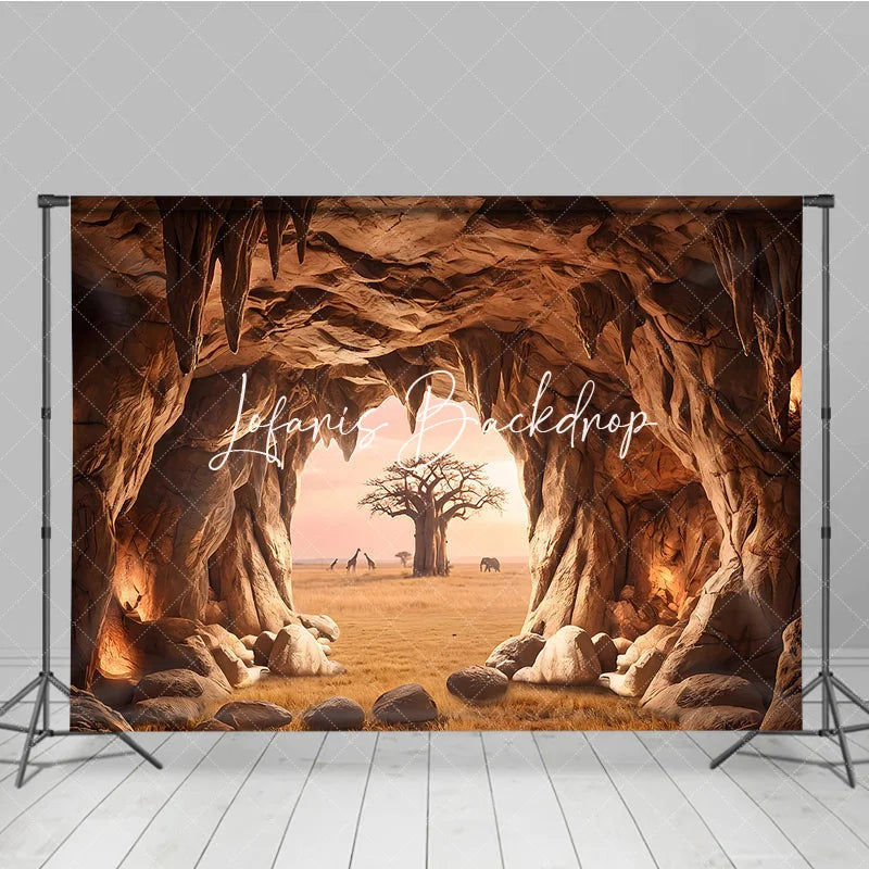 Lofaris Warm Earthy African Savanna Cave Entrance Photography Backdrop with Baobab Tree and Wildlife Sunset View