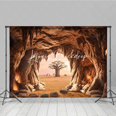 Lofaris Warm Earthy African Savanna Cave Entrance Photography Backdrop with Baobab Tree and Wildlife Sunset View