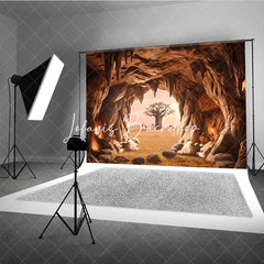 Lofaris Warm Earthy African Savanna Cave Entrance Photography Backdrop with Baobab Tree and Wildlife Sunset View