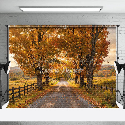 Lofaris Warm Golden Autumn Trees Photography Backdrop with Falling Leaves Scenic Gravel Road and Rustic Wooden Fence