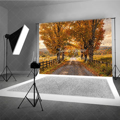 Lofaris Warm Golden Autumn Trees Photography Backdrop with Falling Leaves Scenic Gravel Road and Rustic Wooden Fence