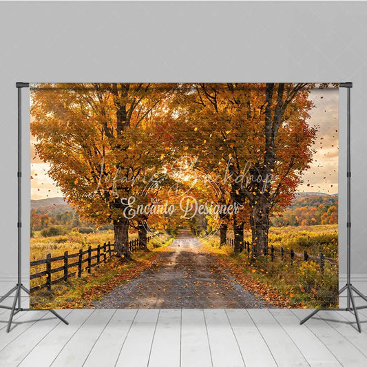 Lofaris Warm Golden Autumn Trees Photography Backdrop with Falling Leaves Scenic Gravel Road and Rustic Wooden Fence