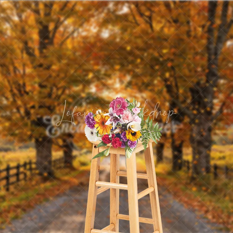 Lofaris Warm Golden Autumn Trees Photography Backdrop with Falling Leaves Scenic Gravel Road and Rustic Wooden Fence