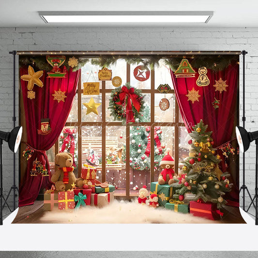 Lofaris Warm Interior Bear Red Curtain Christmas Backdrop