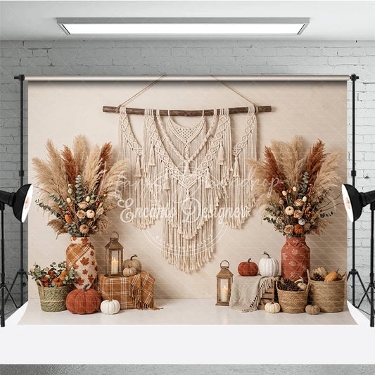 Lofaris Warm Neutral Boho Macrame and Pampas Grass Autumn Photography Backdrop Rustic Fall Harvest Decor with Pumpkins