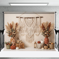 Lofaris Warm Neutral Boho Macrame and Pampas Grass Autumn Photography Backdrop Rustic Fall Harvest Decor with Pumpkins