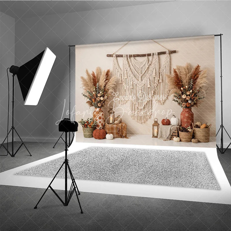 Lofaris Warm Neutral Boho Macrame and Pampas Grass Autumn Photography Backdrop Rustic Fall Harvest Decor with Pumpkins