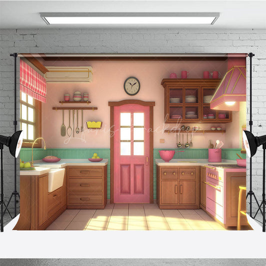 Lofaris Warm Pink Green Kitchen Cake Smash Photo Backdrop