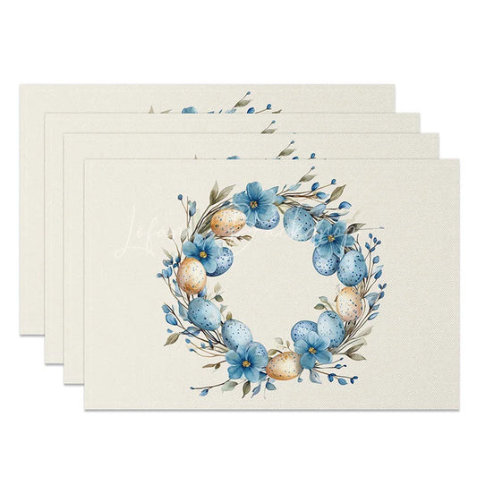 Lofaris Watercolor Blue Gold Egg Wreath Set of 4 Placemats Spring Floral Decoration Rustic Holiday Table Mat