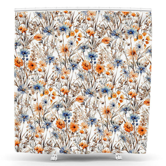 Lofaris Watercolor Blue Orange Wildflower Shower Curtain