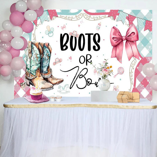 Lofaris Watercolor Boots or Bows Gender Reveal Backdrop Pink and Teal Plaid Baby Shower Background Western Party Decoration