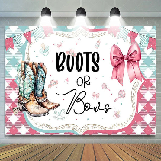 Lofaris Watercolor Boots or Bows Gender Reveal Backdrop Pink and Teal Plaid Baby Shower Background Western Party Decoration