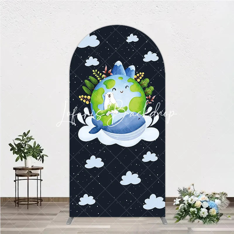Lofaris Watercolor Cartoon Earth Polar Bear Whale Round Top Arch Backdrop Nature Theme Baby Shower Birthday Party Decor