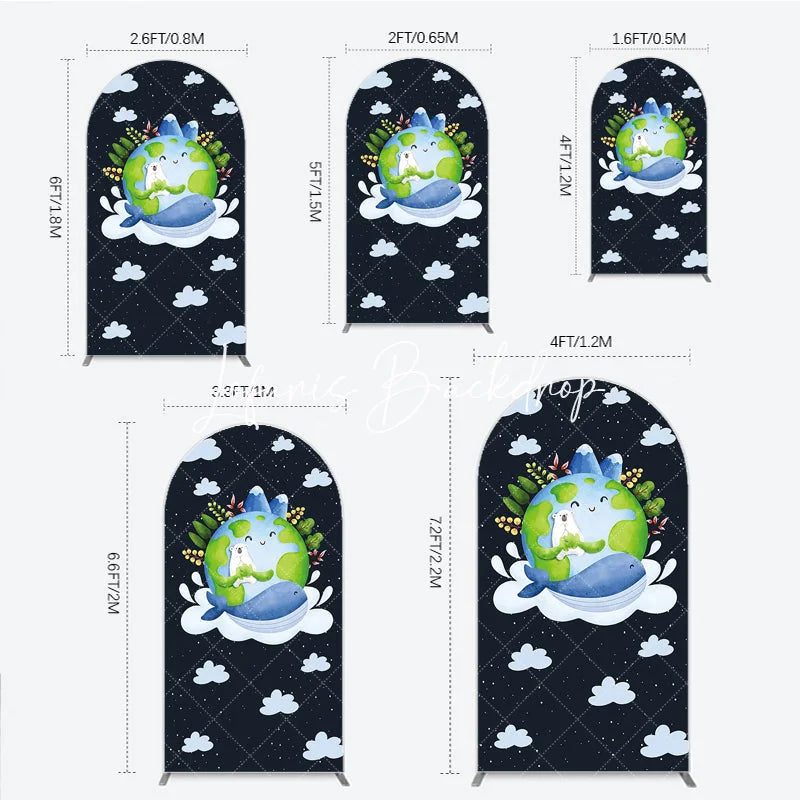Lofaris Watercolor Cartoon Earth Polar Bear Whale Round Top Arch Backdrop Nature Theme Baby Shower Birthday Party Decor