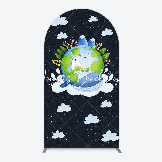 Lofaris Watercolor Cartoon Earth Polar Bear Whale Round Top Arch Backdrop Nature Theme Baby Shower Birthday Party Decor