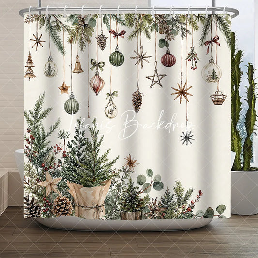 Lofaris Watercolor Christmas Pine Branches and Rustic Ornaments Shower Curtain Elegant Winter Holiday Decor