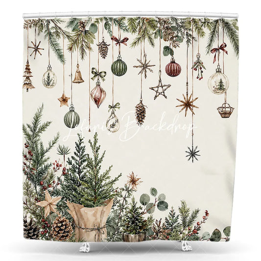 Lofaris Watercolor Christmas Pine Branches and Rustic Ornaments Shower Curtain Elegant Winter Holiday Decor