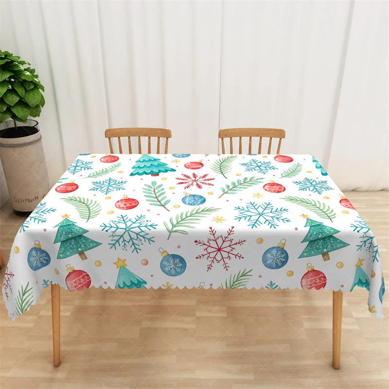 Lofaris Watercolor Christmas Rectangle Tablecloth White with Xmas Trees Ornaments Snowflakes Holiday Table Cover