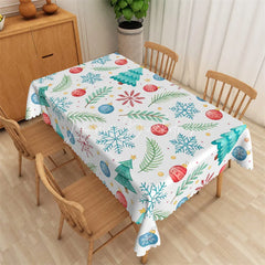 Lofaris Watercolor Christmas Rectangle Tablecloth White with Xmas Trees Ornaments Snowflakes Holiday Table Cover