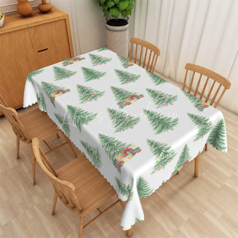 Lofaris Watercolor Christmas Tree Rectangle Tablecloth White with Pine Trees Holiday Party Table Cover Decor