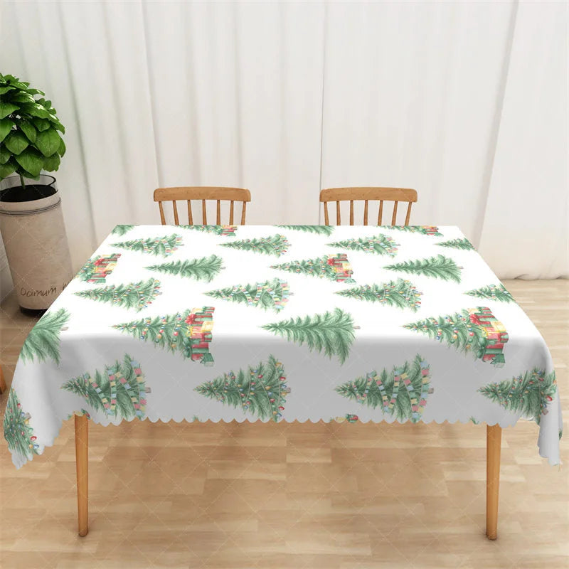 Lofaris Watercolor Christmas Tree Rectangle Tablecloth White with Pine Trees Holiday Party Table Cover Decor