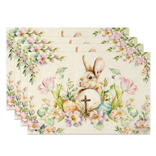 Lofaris Watercolor Cross Egg Easter Bunny Set of 4 Placemats Pink Floral Rabbit Table Mats for Holy Day