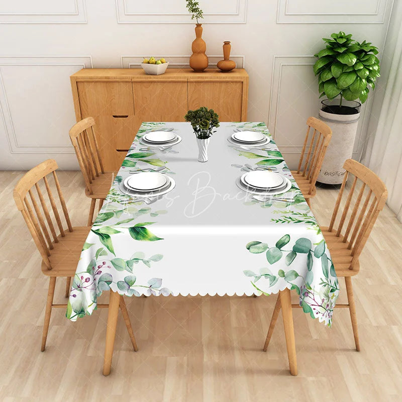 Lofaris Watercolor Eucalyptus and Purple Bud Rectangle Tablecloth Green Vine Botanical Table Cover Garden Decor