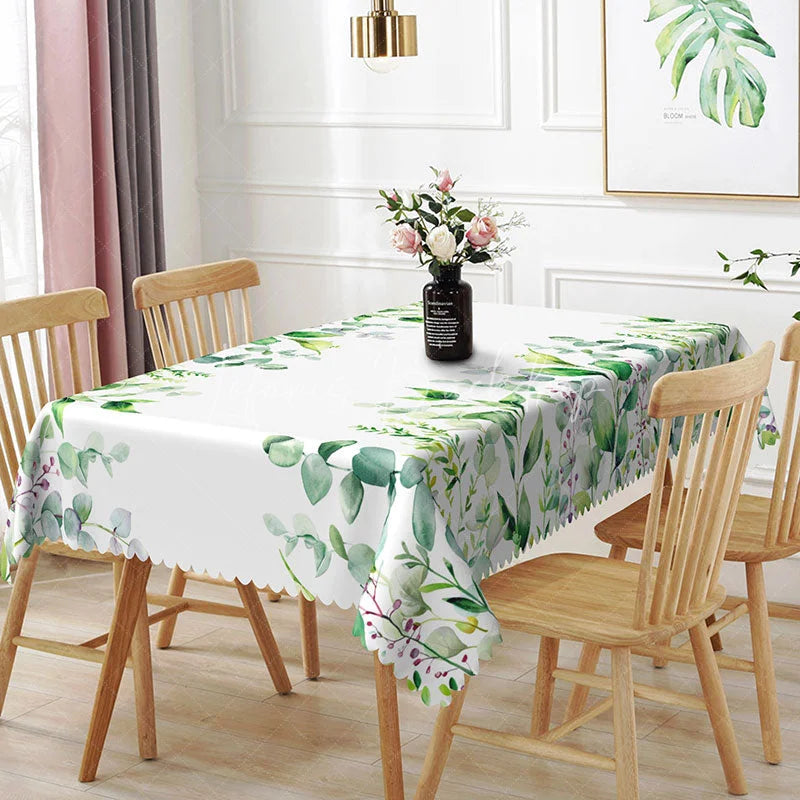 Lofaris Watercolor Eucalyptus and Purple Bud Rectangle Tablecloth Green Vine Botanical Table Cover Garden Decor