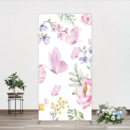 Lofaris Watercolor Floral Rectangle Arch Backdrop with Pink Butterflies Peonies and Purple Blossoms Spring Garden Theme
