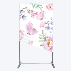 Lofaris Watercolor Floral Rectangle Arch Backdrop with Pink Butterflies Peonies and Purple Blossoms Spring Garden Theme