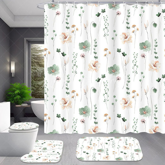 Lofaris Watercolor Floral Shower Curtain Set 4 Piece Elegant Sage Green and Peach Flower Bathroom Decor with Rugs