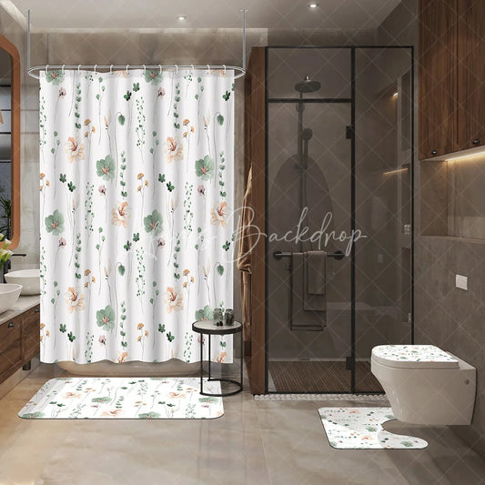 Lofaris Watercolor Floral Shower Curtain Set 4 Piece Elegant Sage Green and Peach Flower Bathroom Decor with Rugs