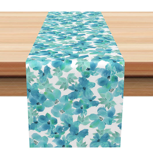 Lofaris Watercolor Floral Table Runner in Blue and Green for Spring Wedding Party Elegant Dining Room Decor