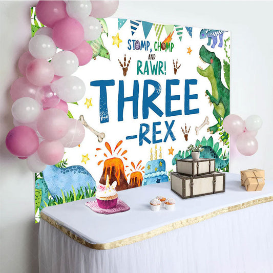 Lofaris Watercolor Green Dinosaur Three Rex Birthday Backdrop